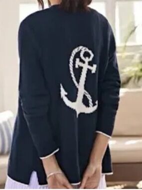 J. Jill Navy Knit Cardigan with White Anchor Motif Size S
